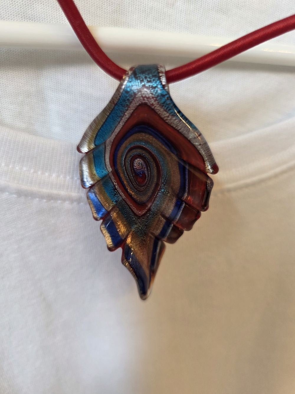 Red and Blue Morona Glass Leaf Pendant Necklace #9